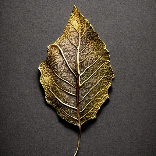 Prompt: Intricate a whole fantasy leaf, encrusted with jewels, shiny gold, detailed veins, sharp focus, octane render, high quality, 8k, volumetric lighting, on black background