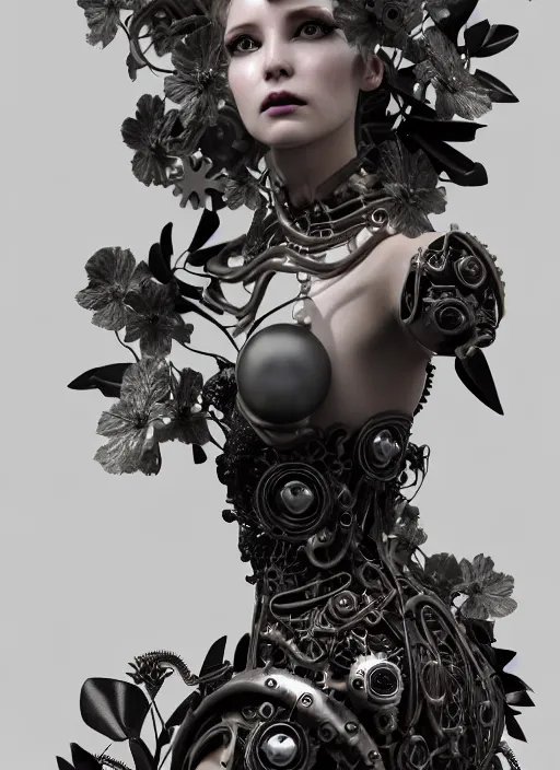 Image similar to monochrome 3 d model, steampunk biomechanical beautiful young female cyborg with porcelain profile face and a big floral eye, volumetric light, leaves foliage and stems, hibiscus flowers, boho floral vines, sinuous fine roots, fine foliage lace, alexander mcqueen, rim light, big gothic fashion pearl embroidered collar, octane render, 8 k