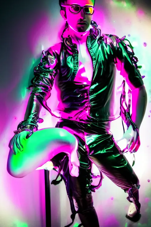 Image similar to full-body rococo and cyberpunk style neon statue of a young attractive Jose Garcia wearing cholo shades macho dotado e rico android sim roupa reclining con las piernas abertas e la piroca dura, ethereal white dripping tar, glowing white lasers, pink tigers, glowing eyes, silver prince crown, black gears, pink diamonds, swirling mint-colored silk fabric. futuristic elements. full-length view. human skulls. large intricate artwork by caravaggio. Trending on artstation, octane render, cinematic lighting from the right, hyper realism, octane render, 8k, depth of field, 3D