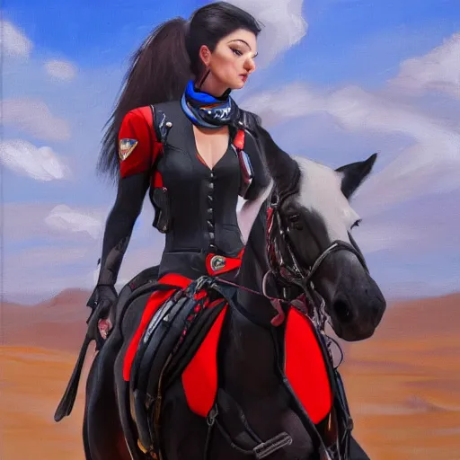 Image similar to oil painting of widowmaker from overwatch in the desert riding on a horse, black and red jacket, collar around neck, very detailed face, feminine face, full body