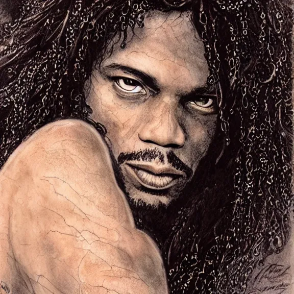 Image similar to a highly detailed portrait of jim ’ s hendrix in the style of luis royo.