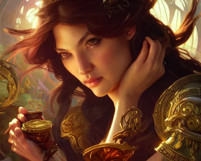 Image similar to open treasure chest with the greatest riches on earth, deep focus, d & d, fantasy, intricate, elegant, highly detailed, digital painting, artstation, concept art, matte, sharp focus, illustration, hearthstone, art by artgerm and greg rutkowski and alphonse mucha