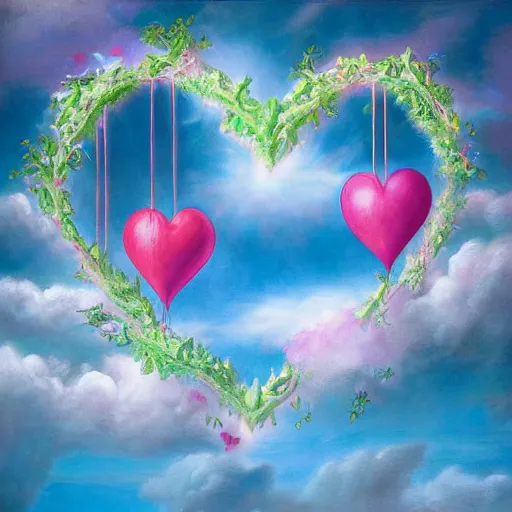 Image similar to a detailed fantasy painting of romantic hearts in the sky and broccolis floating in the sky, by lauri blank, artgerm, evelyn de morgan, 8K, 50mm lens