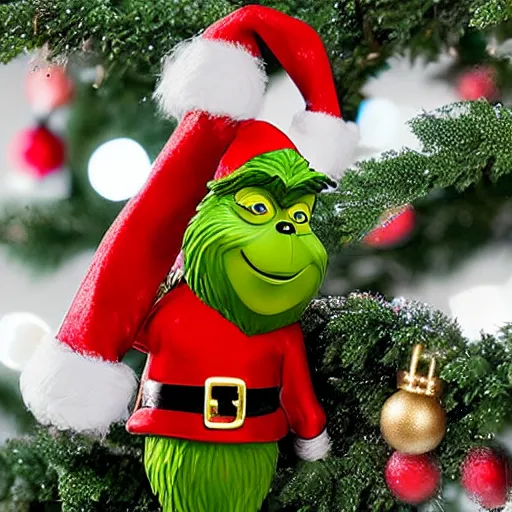 Image similar to grinch holding a miniature figurine of a santa claus 8 k