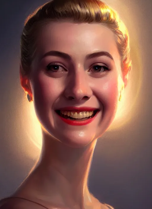 Prompt: portrait of betty cooper, smiling kindly, bangs, 1 9 6 0 s, intricate, elegant, glowing lights, highly detailed, digital painting, artstation, concept art, smooth, sharp focus, illustration, art by wlop, mars ravelo and greg rutkowski