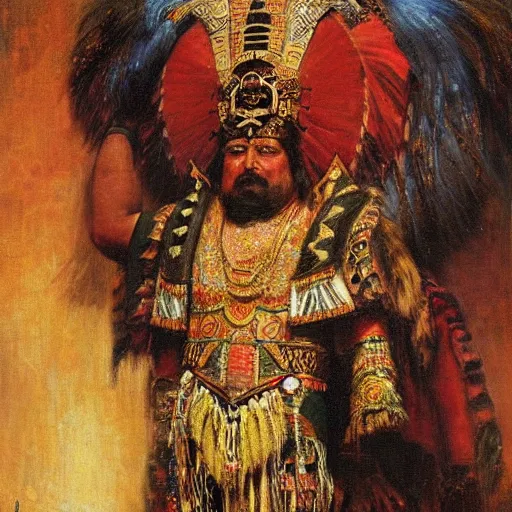 Prompt: the aztec emperor montezuma painted by gaston bussiere