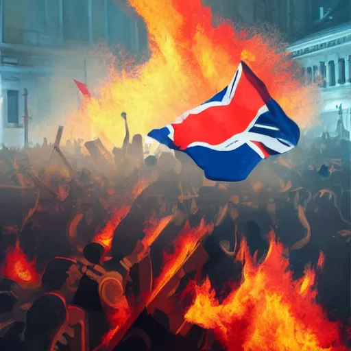 Image similar to people violently protest in London, burning buildings, Brexit flag in flames, 2d, ultra highly detailed, digital painting, smooth, sharp focus, artstation, pixiv, art by Ilya Kuvshinov