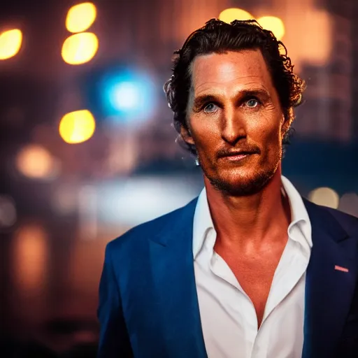 Image similar to a still of matthew mcconaughey . Shallow depth of field. City at night in background, lights, colors ,studio lighting, mood, 4K. Profession photography