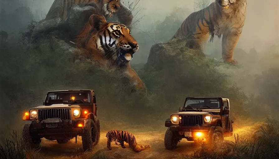 Image similar to Mahindra thar, headlights turned on, tigers and lions attacking, chasing action scene, an epic fantasy, dramatic lighting, cinematic, establishing shot, extremely high detail, photorealistic, cinematic lighting, matte painting, artstation, by simon stalenhag, horizon forbideen west