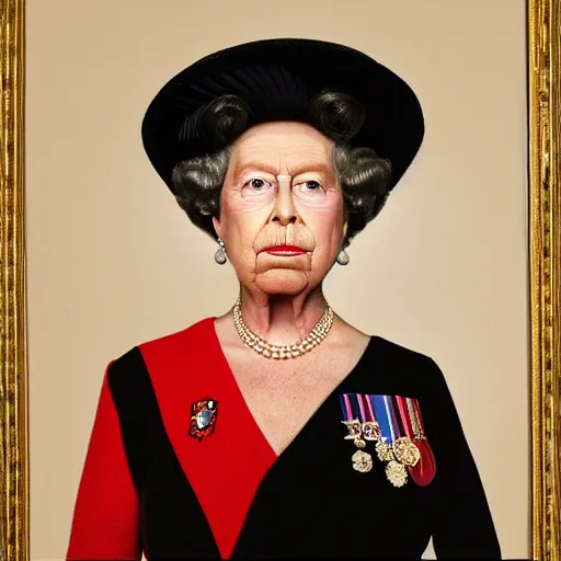 Prompt: portrait of the queen of england with a lit cigarette in her mouth while squinting, portrait, medium shot, gentle studio lighting, professional, tasteful