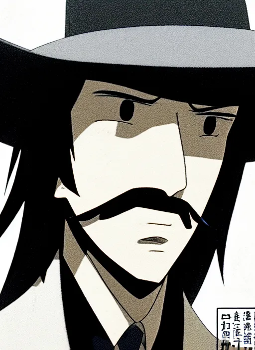 Image similar to a film still portrait of a 1 9 7 0's jigen, finely detailed features, closeup at the face, perfect art, in ancient city ruins, water, sun, gapmoe yandere grimdark, trending on pixiv fanbox, painted by greg rutkowski makoto shinkai takashi takeuchi studio ghibli, akihiko yoshida,