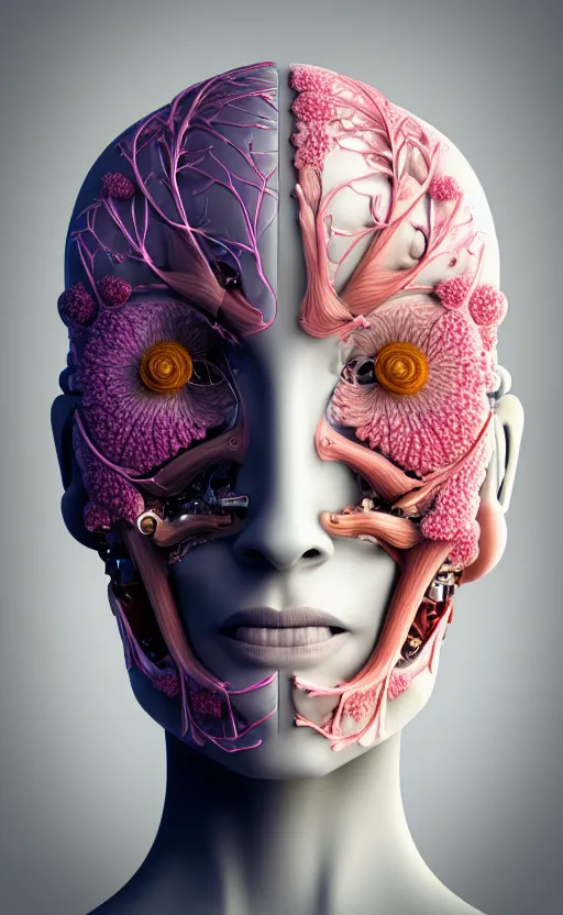 Prompt: 3D render of a beautiful profile face portrait of a female cyborg, 150 mm, flowers, Mandelbrot fractal, anatomical, flesh, facial muscles, wires, microchip, veins, arteries, full frame, microscopic, elegant, highly detailed, flesh ornate, elegant, high fashion, rim light, octane render in the style of H.R. Giger