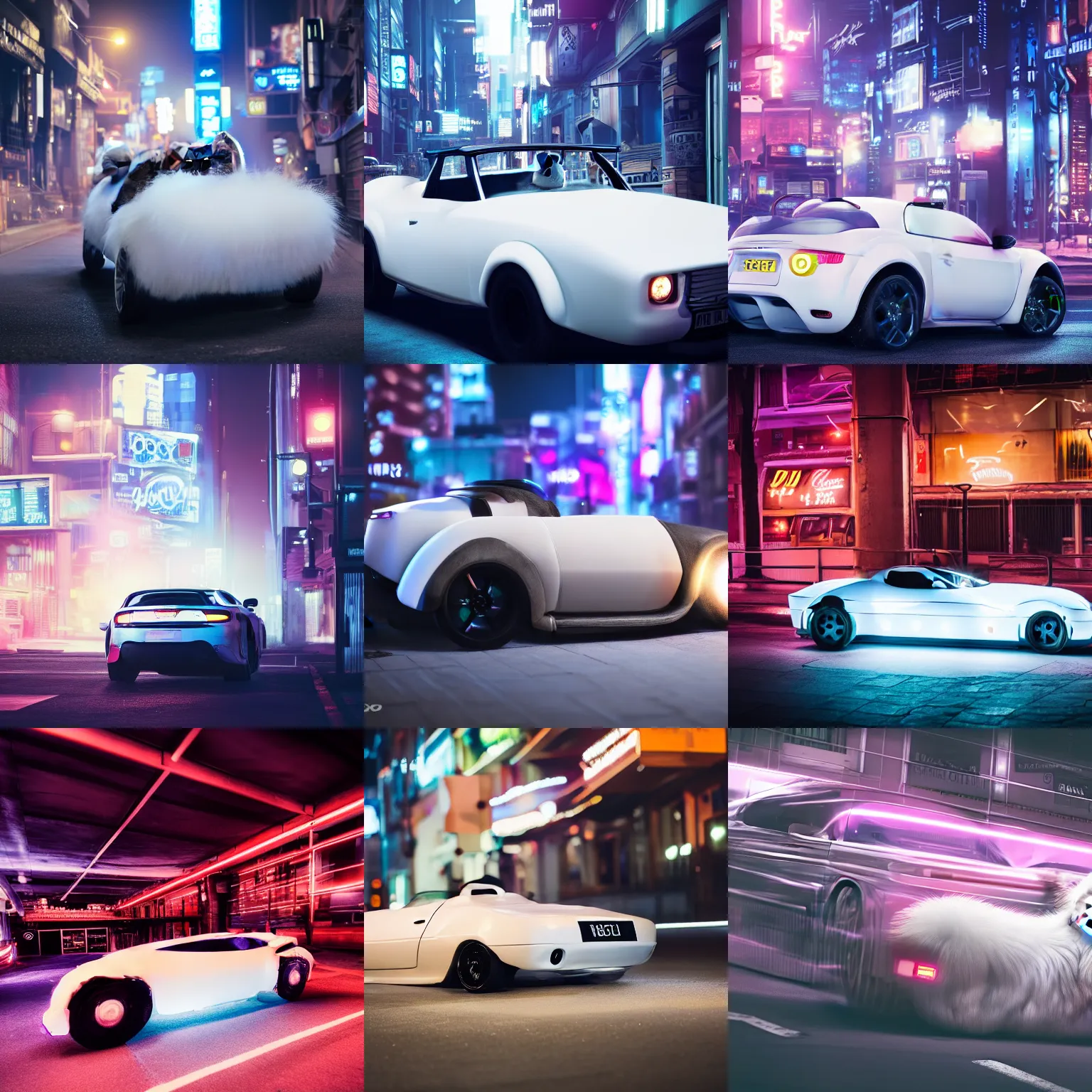 Prompt: a fluffy roadster covered with white fur and looked like the body of a British Shorthair cat, with cool headlights, parking in the street, Cyberpunk, neon light, 4k, hd, highly detailed