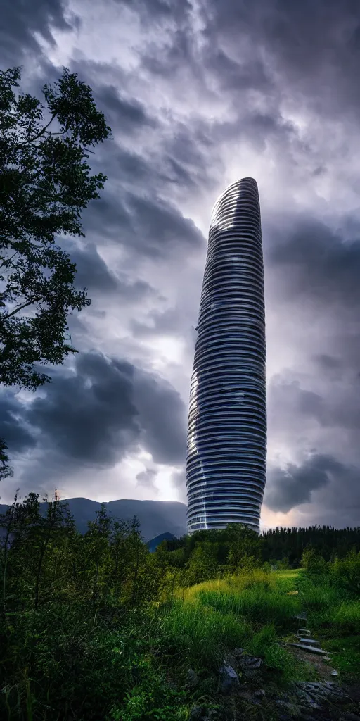 Prompt: landscape photography modern glass tower, in valley, warm lightning, beautiful, clouds, kodachrome, 4 k, hd