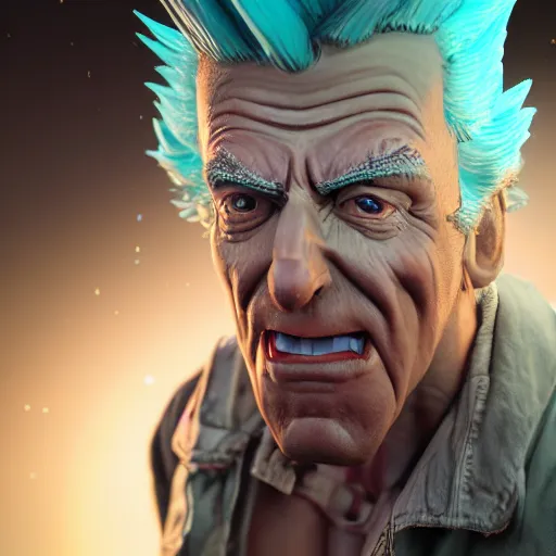 Image similar to full body pose, hyperrealistic photograph of a rick sanchez, dim volumetric lighting, 8 k, octane beautifully detailed render, extremely hyper detailed, intricate, epic composition, cinematic lighting, masterpiece, trending on artstation, very very detailed, stunning, hdr, smooth, sharp focus, high resolution, award, winning photo, dslr, 5 0 mm