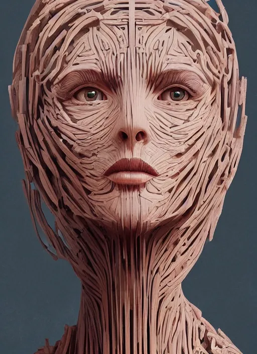 Image similar to sculpture made of wood, portrait, female, future, harper's bazaar, vogue, magazine, intricate, concept art, close up, ornate, luxury, elite, elegant, trending on artstation, by ruan jia, by Kenneth Willardt, by ross tran, by WLOP, by Andrei Riabovitchev,