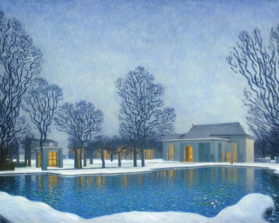 Prompt: achingly beautiful painting of a sophisticated, well - decorated pool house in winter by rene magritte, monet, and turner.