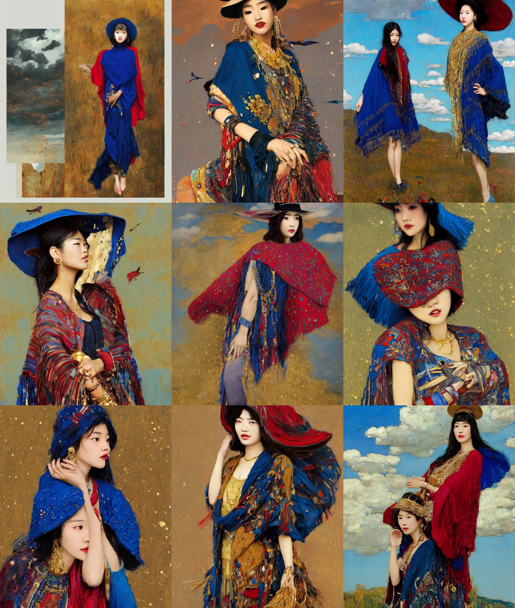 Prompt: portrait of fashionable young asian woman wearing rich jewerly hat and deep blue and red boho poncho with gold texture, in elegant decollete, sitting dynamic pose, Low poly, thunder clouds in the sky, artwork by john william waterhouse and Denis Sarazhin and klimt and rhads and Dean Ellis and Detmold Charles Maurice, levitation, industrial rusty pipes, simple form, brutal shapes