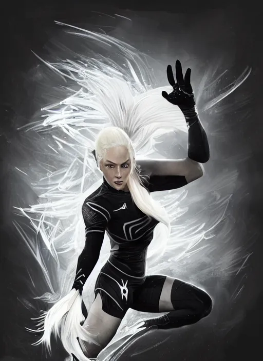 Image similar to a highly detailed illustration of fierce ponytail platinum blonde woman wearing black mma gear and gloves, dramatic powerful kicking pose, fairly muscular, athletic, intricate, elegant, highly detailed, centered, digital painting, artstation, concept art, smooth, sharp focus, league of legends concept art, WLOP