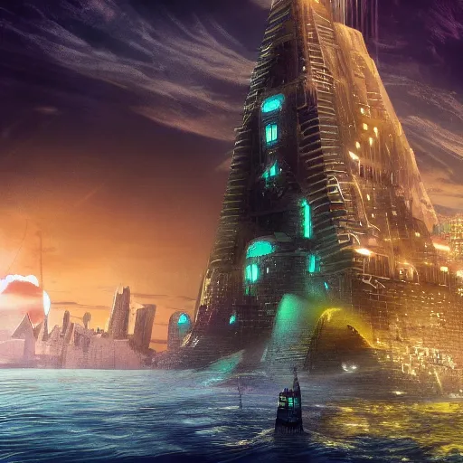 Prompt: A underwater city with a underwater ship being launched from the tallest building in the city. Behind the city a massive creature with it's yellow eyes shining light onto the city, low quality, hyper detailed.