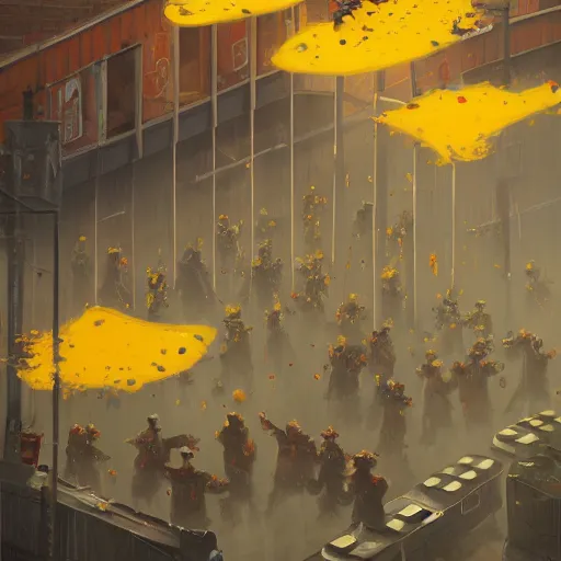 Image similar to beings made out of cheese rioting, revolution, riot, yellow flags, by cedric peyravernay, by simon stalenhag, cinematic, dramatic lighting, excellent composition, trending on artstation