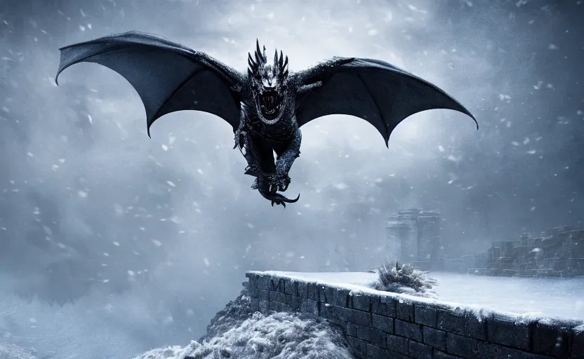 Prompt: A dragon flying over the high city wall in the snowstorm, doomy, Unreal Engine, cinematic photography, highly-detailed, games of thrones, HBO, high resolution