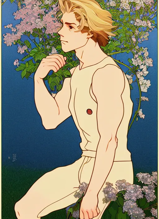 Image similar to pretty young man with shoulder length blond hair, male, half body shot, path traced, highly detailed, high quality, digital painting, by studio ghibli and alphonse mucha, leesha hannigan, hidari, art nouveau, chiho aoshima