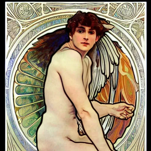 Prompt: ultra realistic illustration of young winged boy angel, detailed, full body, male body, full body, elegant study, art nouveau poster by alphonse mucha