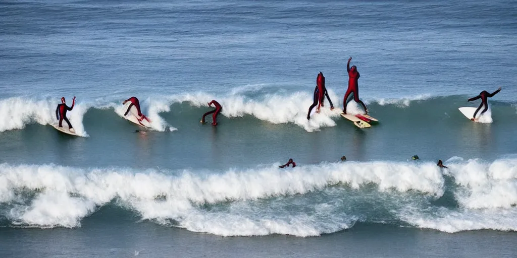 Image similar to devil worshippers in robes belonging to the cult of the ocean surfing in waves, standing on surfboards, surfing inside one large barreled wave, high detailed colors, blue