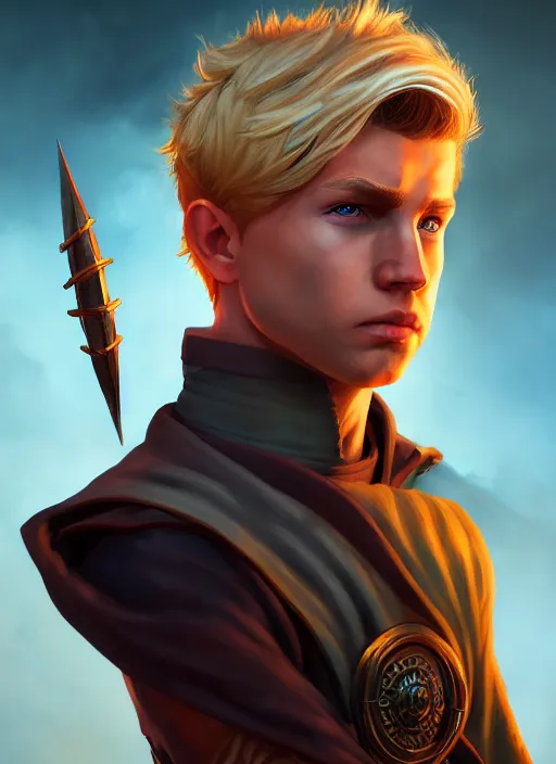 Image similar to An epic fantasy comic book style portrait painting of a young blonde boy thief in the style of the wheel of time, unreal 5, DAZ, hyperrealistic, octane render, cosplay, RPG portrait, dynamic lighting