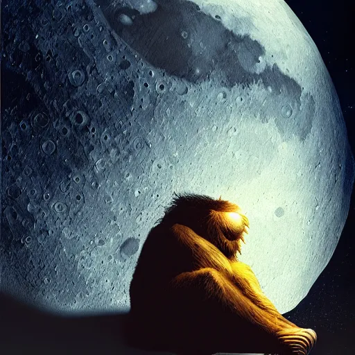 Image similar to Bigfoot sleeping on the moon, beautiful lighting,,digital art , highly detailed , high contrast, beautiful lighting, award winning , trending on art station, 8k, photo realistic,unreal engine 5