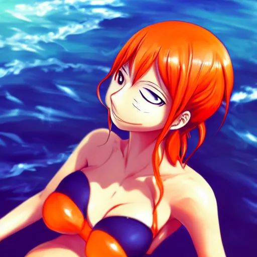 Image similar to anime portrait of Nami from One Piece as an anime girl, cute smile, orange bikini, by Stanley Artgerm Lau, WLOP, Rossdraws, James Jean, Andrei Riabovitchev, Marc Simonetti, and Sakimichan, trending on artstation