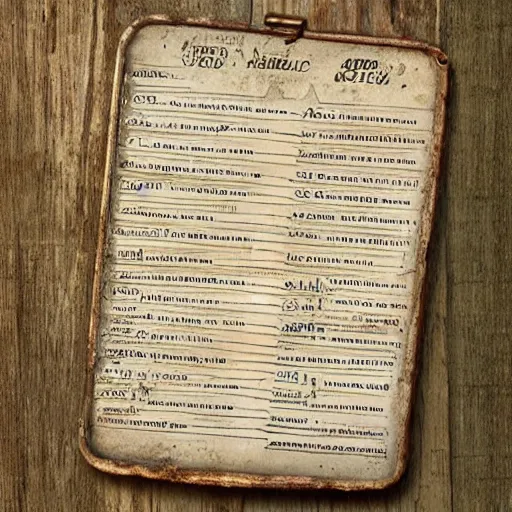 Prompt: photo of an antique metal grocery list