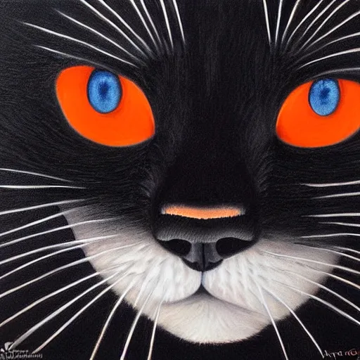 Image similar to an Hyper realistic artwork of a black cat with orange eyes looking at the white moon by Jason de Graaf