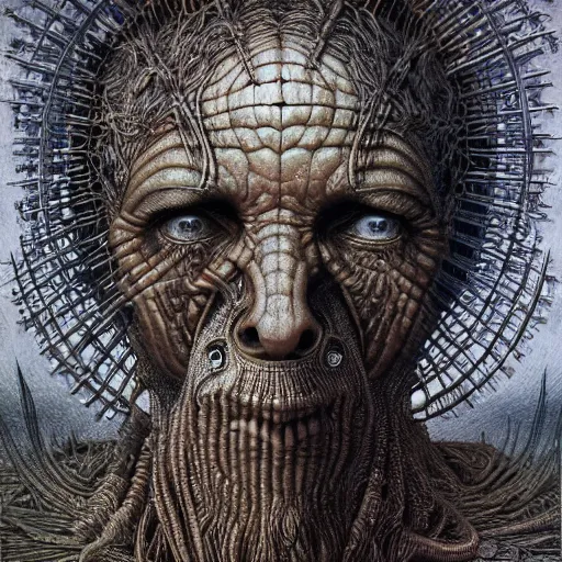 Image similar to ultra realist intricate detailed portrait, insanity accurate features, apocalyptic, very intricate details, 8 k resolution, dim lighting, artstyle zdzisław beksinski and keith thompson, by giger style, award winning