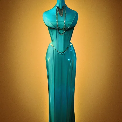 Image similar to victorian era turquoise dress on a manikin, trafalgar dress shop, ambient lighting, cinematic quality, high octane, vray render, subsurface scatter, drum scanner intricate complexity, golden ratio, kojima, amano, charlie bowater museum piece, fine art