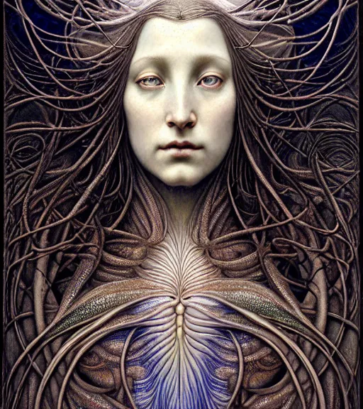 Image similar to detailed realistic beautiful twilight goddess face portrait by jean delville, gustave dore, iris van herpen and marco mazzoni, art forms of nature by ernst haeckel, art nouveau, symbolist, visionary, gothic, neo - gothic, pre - raphaelite, fractal lace, intricate alien botanicals, ai biodiversity, surreality, hyperdetailed ultrasharp octane render