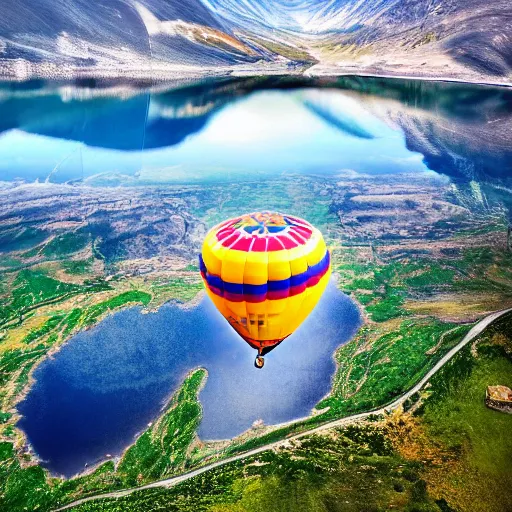 Image similar to Photo of a hot air balloon flying above a reflective mountain lake, beautiful, High resolution photo, intricate, portrait, 8k highly professionally detailed, HDR, CGsociety