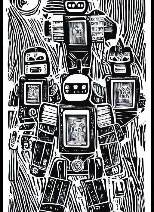 Prompt: !dream warrior robots by Julie de Graag, linocut print