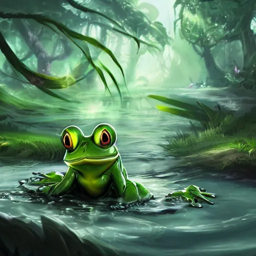 Image similar to beatiful art league of legends splash art of a frog in a swamp