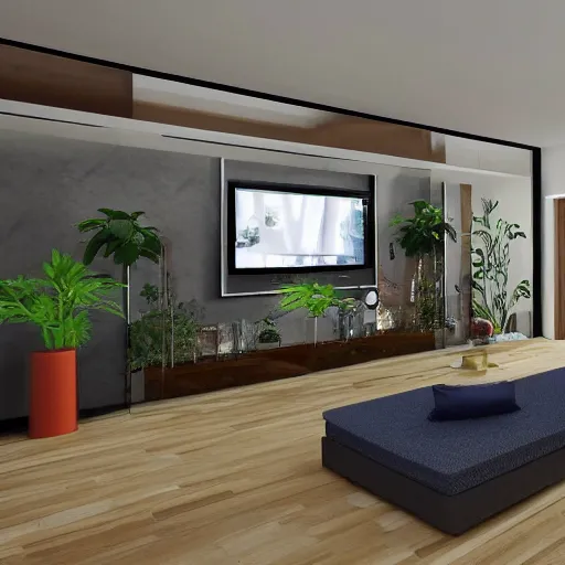 Image similar to a 5 0 meter living room with big television and two plants and pictures on the wall and wall watch unrealengine