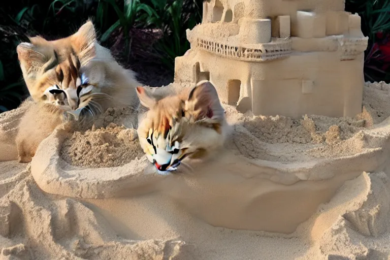 Image similar to kittens touching a sand castle