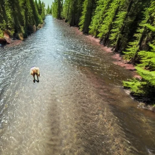 Prompt: go - pro drone shot of sasquatch crossing a stream