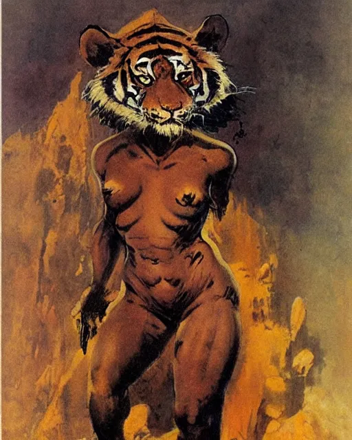 Prompt: tiger woman full body portrait in a palace of gold, by Frank Frazetta