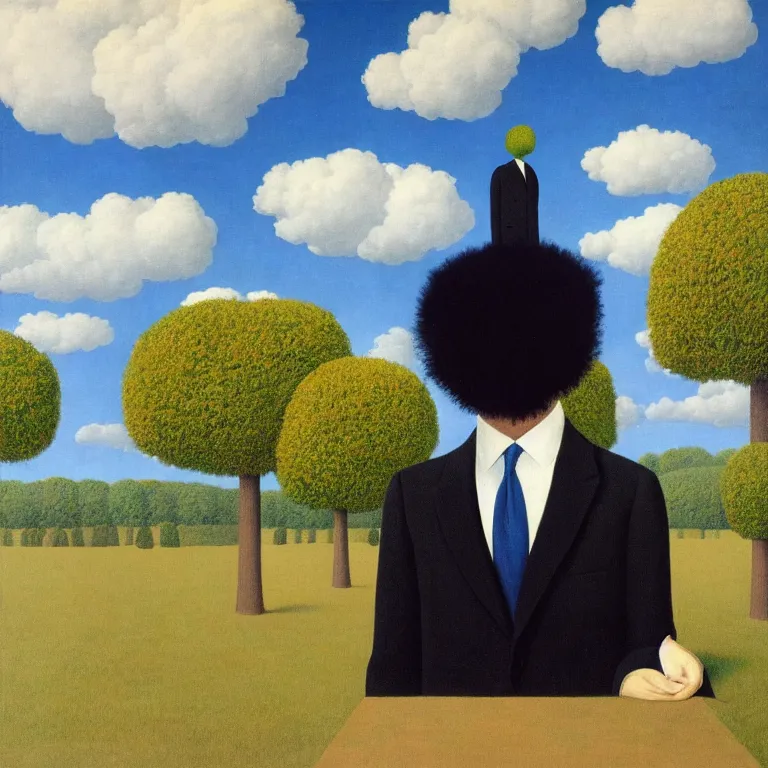 Image similar to portrait of a faceless beautiful flower - head man in a suit, clouds in the background, by rene magritte, detailed painting, distance, centered, hd, hq, high resolution, high detail, 4 k, 8 k