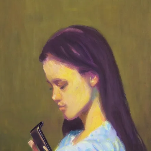 Prompt: a vivid impressionistic painting of a bored woman, she is holding a smartphone, oil on canvas, trending on artstation