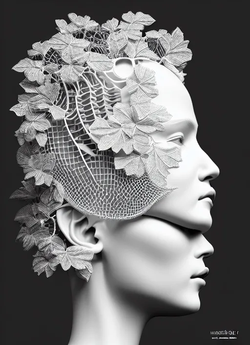 Image similar to complex 3d render ultra detailed of a beautiful porcelain profile woman face, white background, mechanical cyborg, 150 mm, beautiful natural soft light, rim light, studio light, silver gold details, magnolia big leaves and stems, roots, fine foliage lace, mesh wire, intricate details, hyperrealistic, mandelbrot fractal, Alexander Mcqueen haute couture, anatomical, red lips, white metal armor, facial muscles, cable wires, microchip, elegant, octane render, H.R. Giger style, 8k