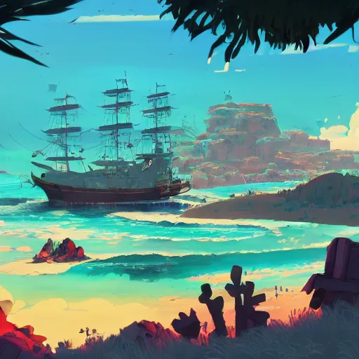 Image similar to Landscape of Pirates island and a pirate boat, vivid color, by Makoto Shinkai and James gilleard Eiichirō Oda