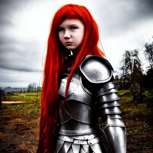 Prompt: north teenage girl, warrior, red hair, fantasy, high detailed, photography, cloudy, lightweight armor, Scandinavia, plain, Authentic
