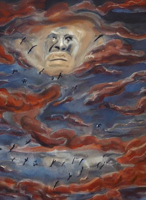 Image similar to a painting of faces of old indigenous people embedded in the clouds in the sky